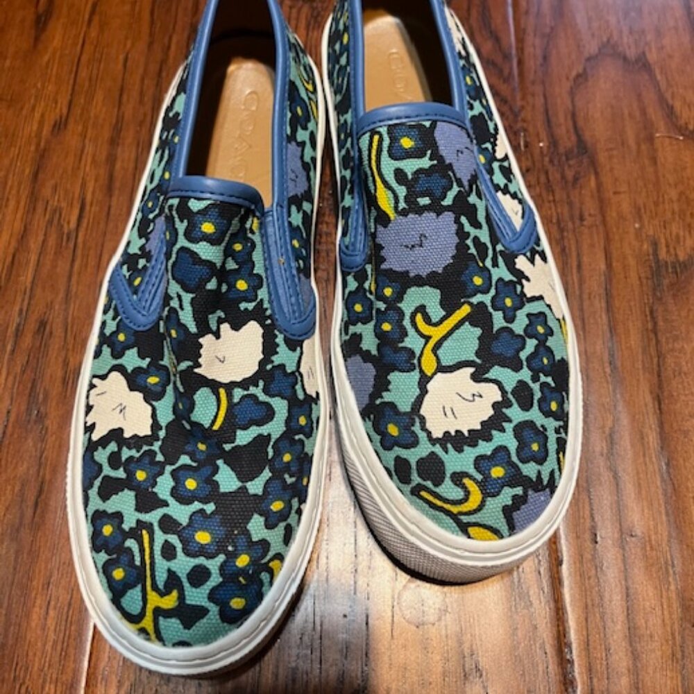 Coach Cameron Aqua Blue Floral Flat Slip-on Sneakers Women’s US Size 7.0B